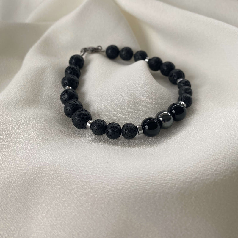 Bracelet "Connexion" Pierre de lave, Agate noire et Hématite