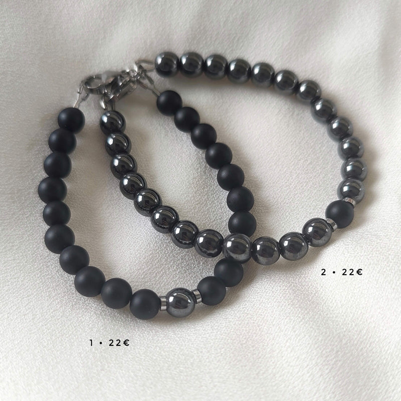 Bracelets "Connexion" en Agate noire mate et Hématite